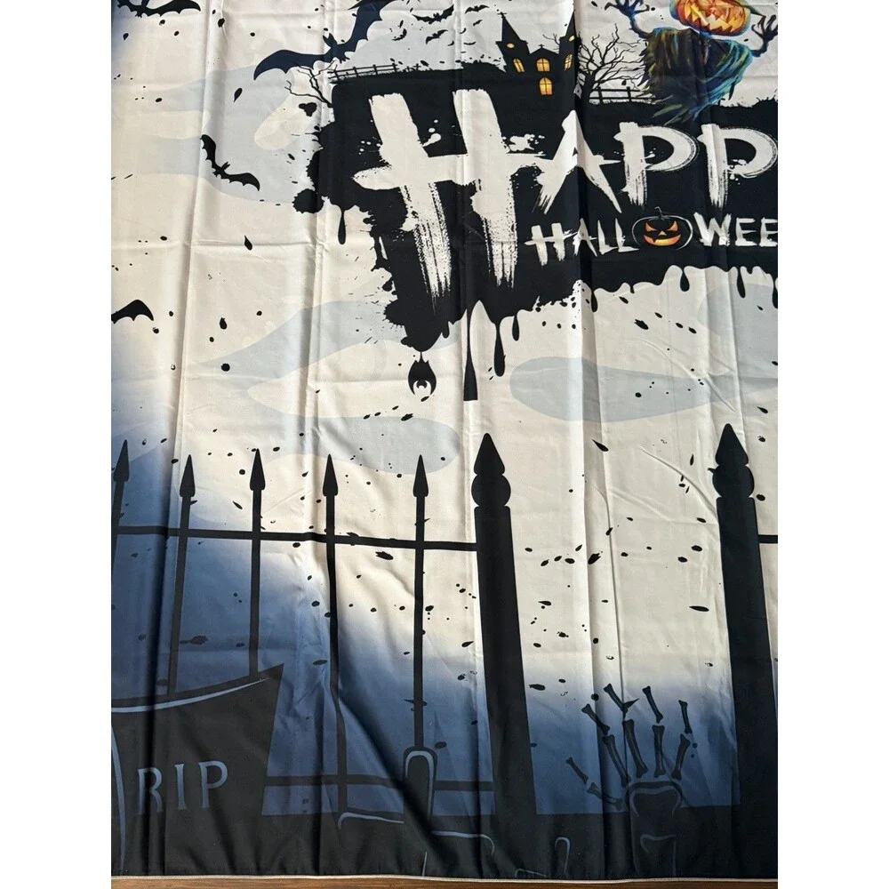 Happy Halloween Cemetery Bats Pumpkin Scarecrow Cloth Banner 59 x 79